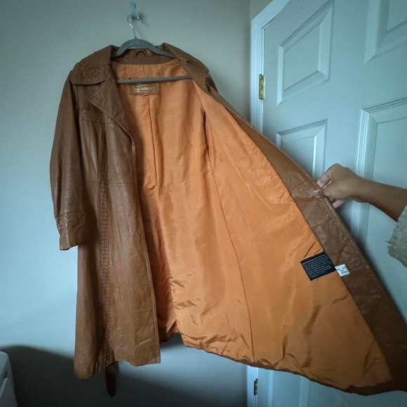 Vintage 70s Cognac Leather Trench Coat Woven Braided - Picture 8 of 11